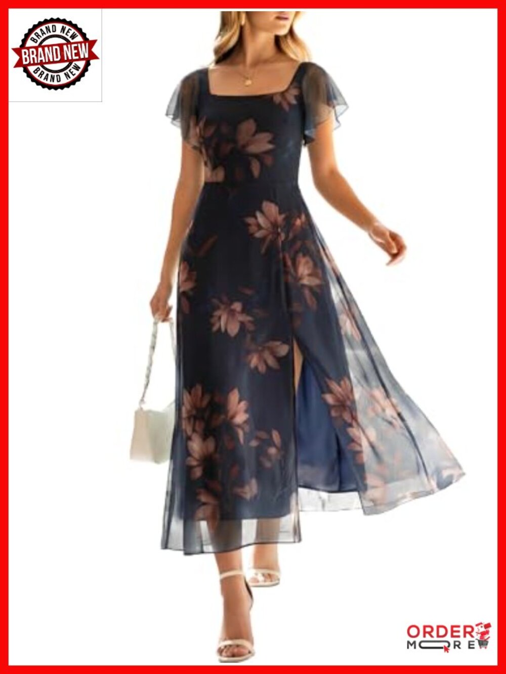 Women Square Neck Floral Tulle Ruffle Sleeve High Slit Formal Midi Dress